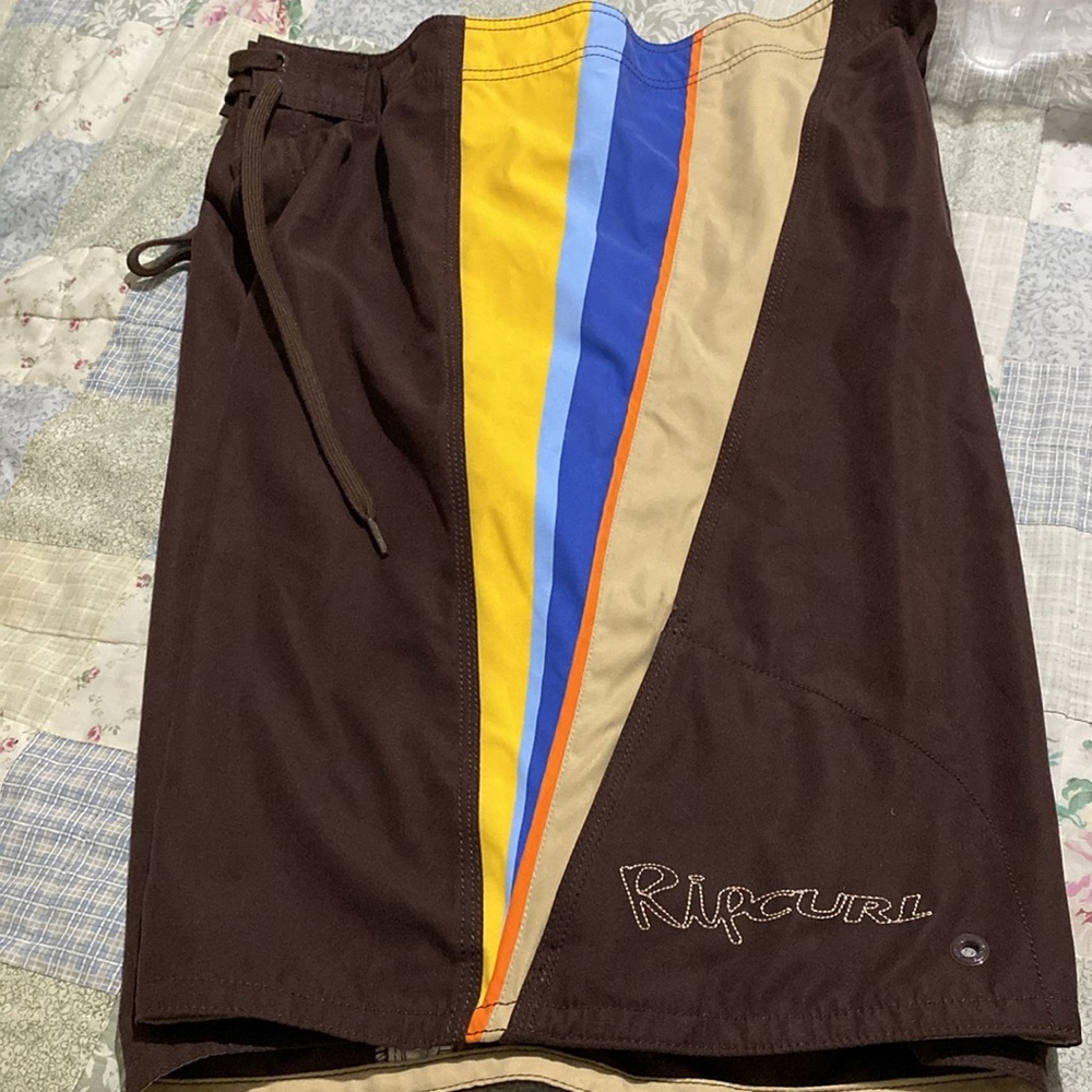 VTG RIP CURL BOARD SHORTS Brown Swim Shorts with Yellow and Blue Stripes